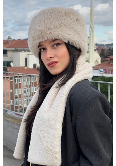 Mollycrush Peluş Rus Tarzı Kalpak Atkı 2'li Set Kadın Kışlık Suni Bej 2'li Takım Bej