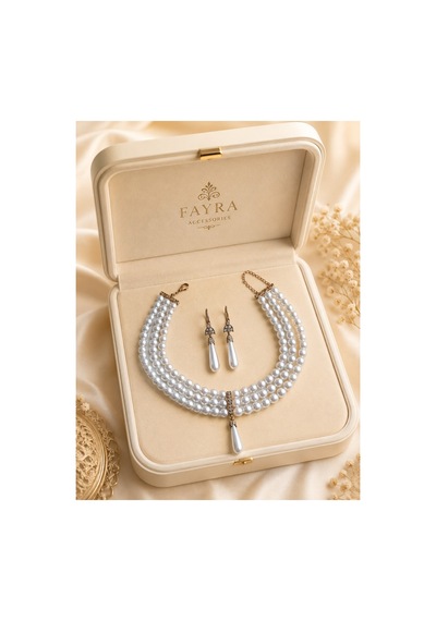 Kristal Taşlı Üç Sıra İnci Tasma Kolye Ve İnci Küpe Seti Beyaz 71258148