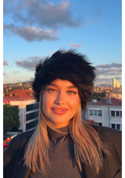 Mollycrush Luxury Rus Slav Tarzı Suni Kürklü Uzun Tüylü Peluş Kadın Siyah Kalpak Şapka Siyah