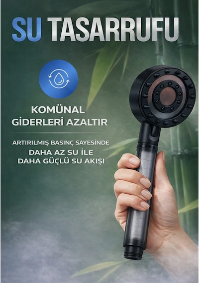 Filtreli Masajlı Duş Başlığı Su Arıtmalı, Klor Ve Kireç Önleyici, Yüksek Basınçlı Mat - Siyah