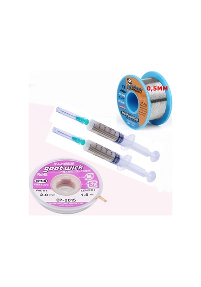Dörtlü Set Flux,lehim Emme Tel 2,0mm Ve Lehim Teli Soldering 63sn/37pb Flux %1-3 40gr 0,5mm