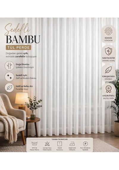 Ütü İstemez Sedefli Lüx Bambu Model Tül Perde 1/2 Seyrek Pileli Modern-şık Özel Ölçü Ekru