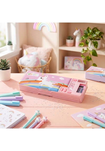 Çok Fonksiyonlu Kalem Kutusu Kalemlik Sevimli Uzay Unicorn Temalı Otomatik Kalemlik Hesap Makinesi Pembe