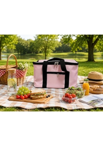 Pembe 22 Litre Termal Piknik Ve Taşıma Çantası Su Geçirmez Kumaş, Kalın Yalıtımlı İç Kaplama, 2 Bölmeli Soğuk-sıcak Tutucu Çanta 39x27x23 Cm Açık