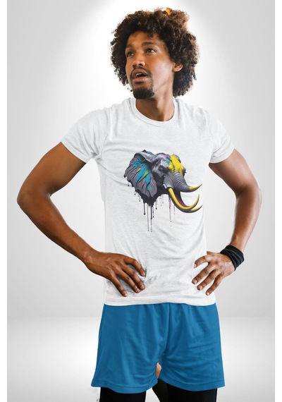Renkli Fil Kafası Unisex Unisex Beyaz Organik Baskılı T-shirt Penye Yüksek Kalite Beyaz