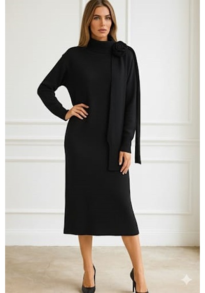 Onno Style Women Triko Atkılı Güllü Elbise Siyah