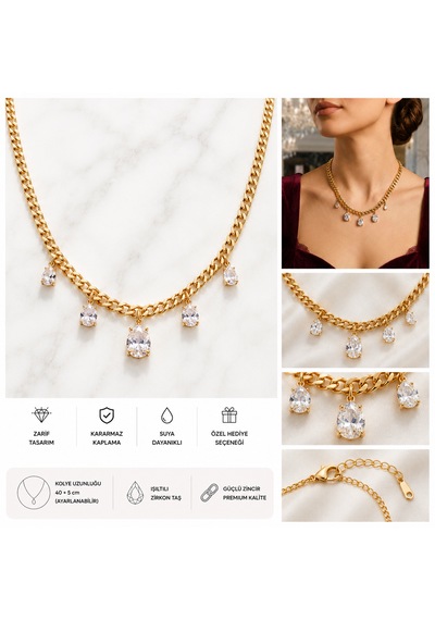 Zirkon Taşlı Gold Gurmet Zincir Kadın Kolye Altın