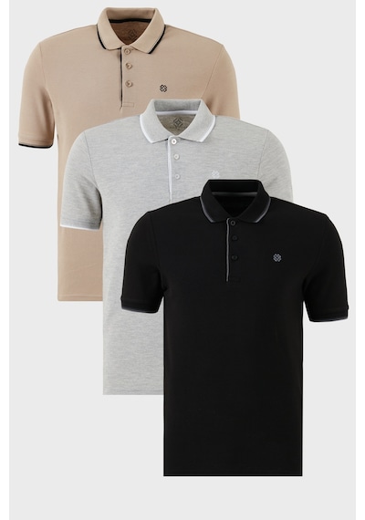 Buratti Pamuklu Slim Fit Şerit Detaylı Düğmeli Polo Yaka 3'Lü Paket Erkek T Shirt 5902118S3 Siyah-Gri Melanj-Vizon