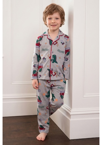 Fullamoda Trex Desenli Düğmeli Erkek Çocuk 2 Li Pijama Takımı Gri