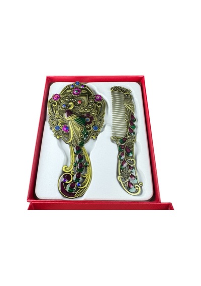 Tavus Kuşu Desenli Vintage Ayna Tarak Seti Özel Tasarım Ve Özel Kutulu 13,5 Cm & 13 Cm Çok Renkli