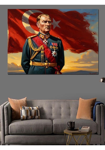 Türk Bayrağı Önünde Atatürk Portresi 3 Dekoratif Kanvas - Mdf Ahşap Tablo