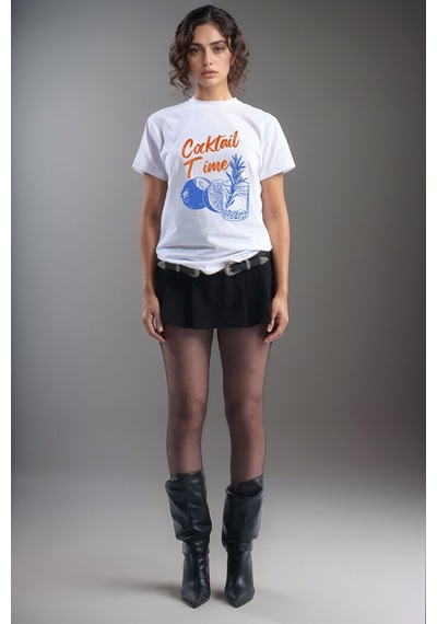 Cocktail Time Tasarım Baskılı Y2k Old Money %100 Pamuk Regular Fit Bisiklet Yaka Premium T-shirt Beyaz