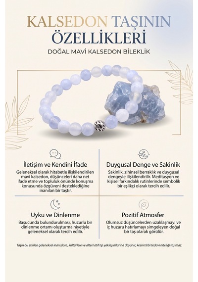 Doğal Kalsedon Taşı Bileklik 8 Mm - Alpaka Ara Aparatlı Hakiki Doğal Taş Erkek Kadın Bileklik Mavi Kalsedon