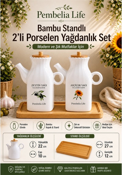 Bambu Standlı Etiketli Kare 2 Li Porselen 1000 Ml Yağdanlık Seti Yağlık Takımı Beyaz Beyaz