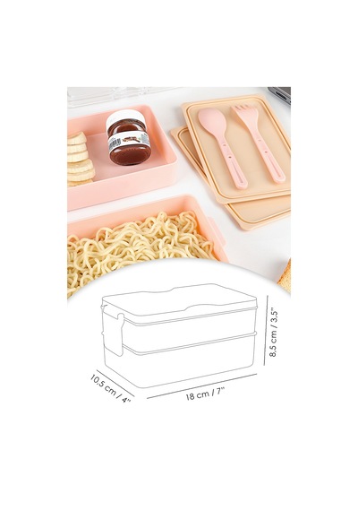2 Katlı Kilitli Beslenme Kabı - Kendinden Çatal Kaşıklı Lunch Box Beslenme Kutusu Saklama Kabı Pembe Pembe