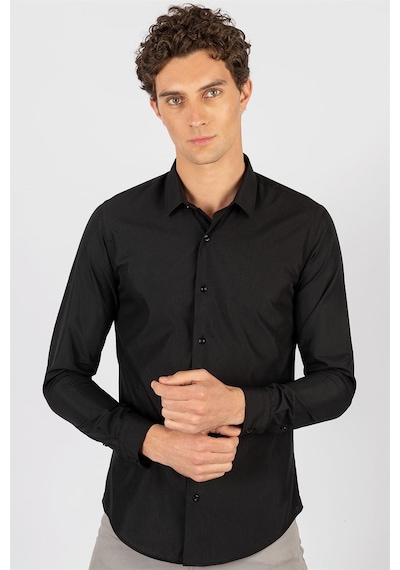 Tudors 16180 Slim Fit Dar Kesim Küçük Yaka Düz Erkek Gömlek Siyah