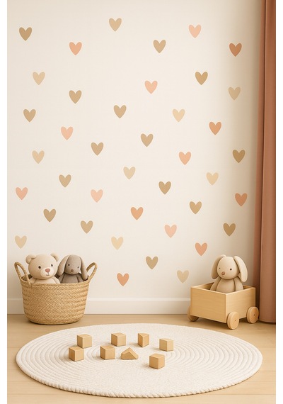Boho Asimetrik Kalpler Çocuk Bebek Odası Duvar Sticker Seti - 195 Parça Kalp Sticker Seti Çok Renkli