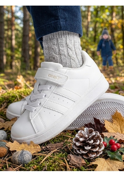 Cool Kids Çocuk Unisex Kışlık Su Geçirmez Kaydırmaz Hafif Kauçuk Taban Rahat Deri Spor Ayakkabı Beyaz