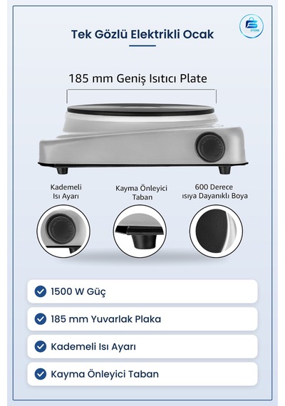 Tek Gözlü Elektrikli Ocak 1500w 185 Mm Yuvarlak Plaka Kademeli Is Çok Renkli