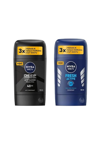Men Erkek Stick Deodorant Deep Dimension, 48 Saat Anti-perspirant Koruma, 50 Ml X2 + Nıvea Men Erkek Stick Deodorant Fresh Active Ter Ve Ter Kokusuna Karşı 48 Saat Deodorant Koruması, 50 Ml