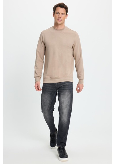 Tudors Erkek Relax Fit Rahat Kesim Uzun Kollu Ekstra Yumuşak Bisiklet Yaka Vizon Sweatshirt-41871 Vizon