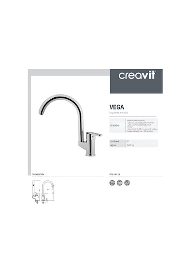 Creavit Vega Lavabo Banyo Eviye Bataryası 3'lü Set VG1840-VG2840-VG8640 Krom