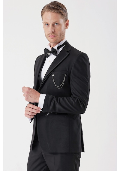 İmza Siyah Desenli Armürlü Çıkarılabilir Mono Yaka Yelekli 6 Drop Slim Fit Smokin Damatlık Takım 1001230202-Siyah İmza Siyah Desenli Armürlü Çıkarılabilir Mono Yaka Yelekli 6 Drop Slim Fit Smokin Damatlık Takım 1001230202-Siyah