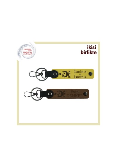 Aşkı Yaşat Ayyıldız Kurt Göktürk Desenli Kişisel Deri Anahtarlık Hediyelik Set X2, Sarı-kahve