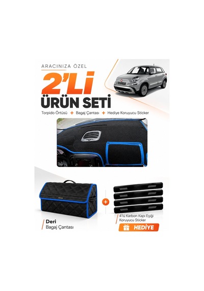 Fıat 500l 2013-2017 Uyumlu Torpido Örtüsü + Deri Bagaj Çantası + Sticker Seti - Siyah Mavi