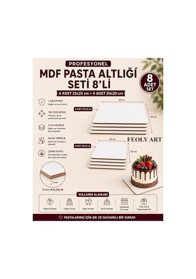 Profesyonel Mdf Pasta Altlığı Seti 8'li 4 Adet 25x25 Cm + 4 Adet 20x20 Cm 3 Mm Tek Yüzü Beyaz Premium Pasta Sunum Altlığı Beyaz / Kahverengi