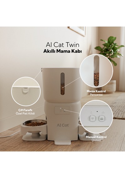 Aı Cat Twin Otomatik Mama Kabı Çift Kameralı Sesli Etkileşimli 2 Kaseli Kedi & Köpek Mama Dağıtıcı