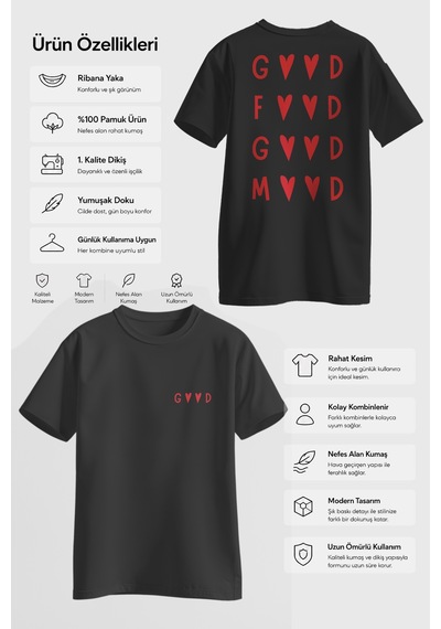 Spoyi Good Mood Tasarımlı %100 Pamuk Yarım Oversize Siyah T-shirt