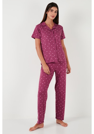 Lela Desenli Regular Fit Gömlek Yaka Bayan Pijama Takımı 65750101 Mürdüm