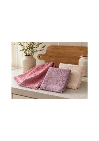 3'lü Jakarlı Püsküllü Mutfak Havlusu Seti 30x50 Cm %100 Pamuk - Softrosette Çok Renkli