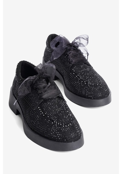 Mubiano Kadın Süet Loafer Oxford Taşlı Tül Bağcıklı Pera Siyah