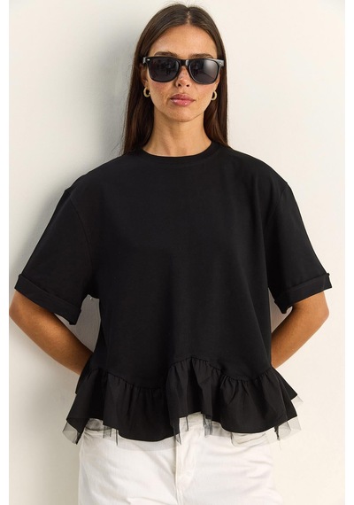 Shade Kadın Tül Detaylı Volanlı Oversize Basic T-shirt 8789 60286165 - Siyah