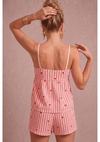 Bella Notte Pembe Kadın Çizgili Kalp Desenli Askılı Şortlu Pijama Takımı