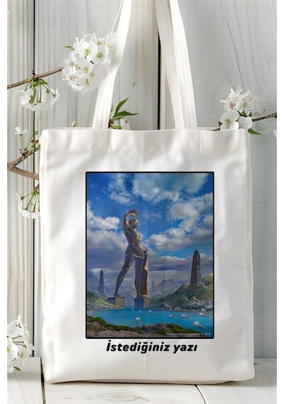Art Hediye Rodos Baskılı Bez Çanta Omuz Çantası Kişiye Özel Desen 3 Çok Renkli