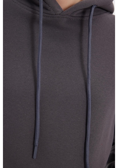 Tudors Kadın Relax Fit Rahat Kesim Pamuklu Kapüşonlu Kanguru Cepli Füme Sweatshirt-39938 Füme