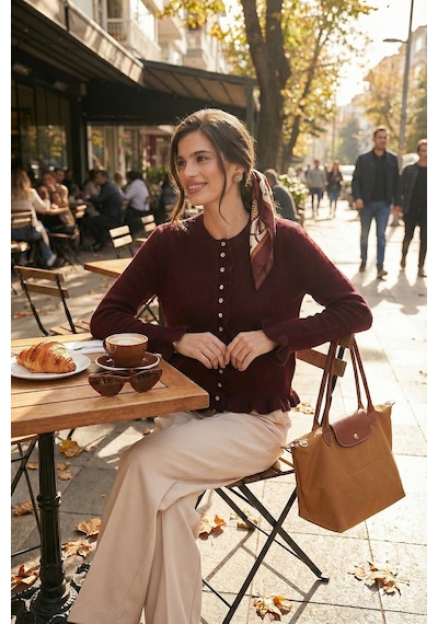 Lela Premium Pile Detaylı Regular Fit Yuvarlak Yaka Triko Bayan Hırka 680Hi00038 Bordo