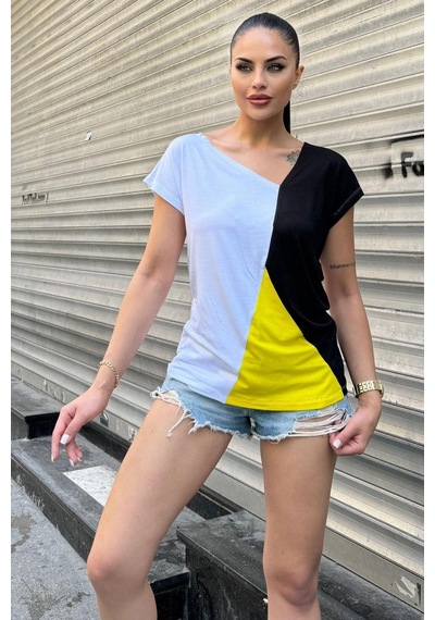 Kadın Sarı & Beyaz Kısa Kol, Color Block Tasarım, Salaş Bluz, Tshirt Sari