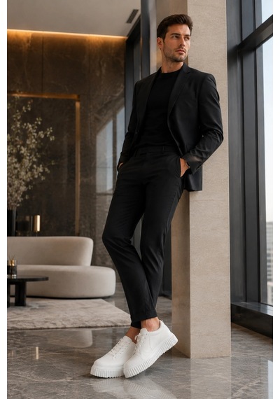 Mevese Dlob Erkek Bağcıklı Cilt Günlük Casual Spor Sneaker Ayakkabı - Beyaz