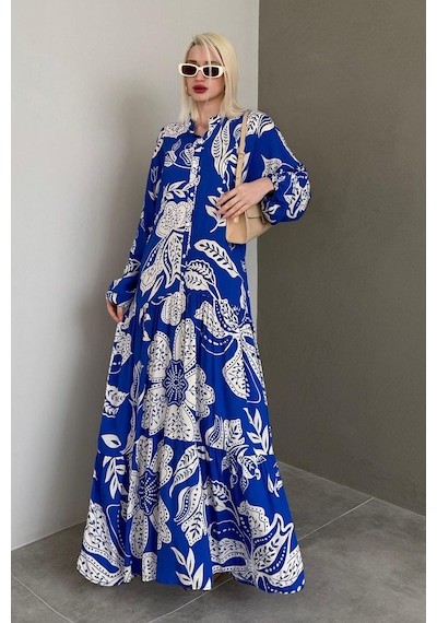 Madmext Saks Desenli Düğmeli Uzun Kollu Elbise Mg2397 Saks