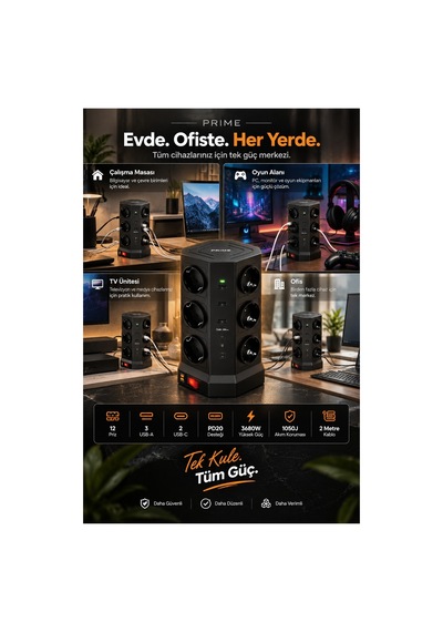 Robeve Fulltech Prime 12 Li Akım Korumalı Kule Priz 3680w - 1050j Koruma, Pd20 Destekli 3 Usb-a + 2 Usb-c, 2 Metre Kablolu Dikey Çoklu Uzatma Prizi Grup Priz 12'li Fiş 12'li Priz 2 M Robeve Fulltech Prime 12 Li Akım Korumalı Kule Priz 3680w - 1050j Koruma, Pd20 Destekli 3 Usb-a + 2 Usb-c, 2 Metre Kablolu Dikey Çoklu Uzatma Prizi Grup Priz 12'li Fiş 12'li Priz 2 M