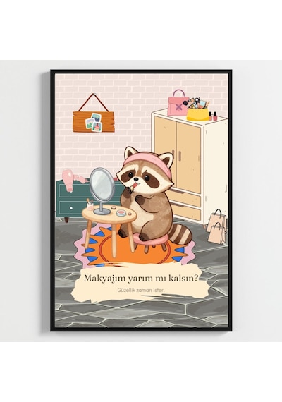 Besay Rujlu Rakun Eğlenceli Banyo Ve Giyinme Odası Duvar Dekorasyonu Aynada Makyaj Yapan Komik Hayvan Poster Tablo A3 Tek