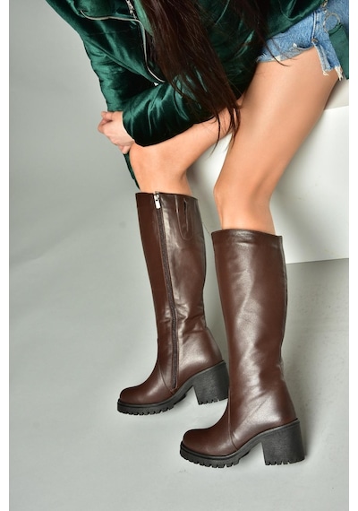 Fox Shoes R654047703 Kahverengi Hakiki Deri Kalın Topuklu Kadın Çizme Kahverengi