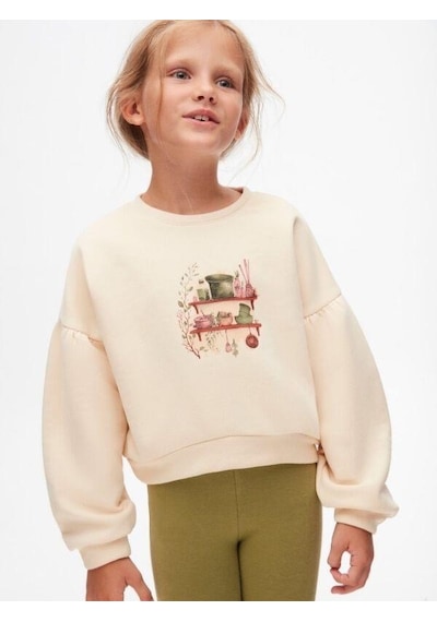 Kız Çocuk Pamuklu İki İplik Önü Baskılı Sweatshirt-14712 KREM