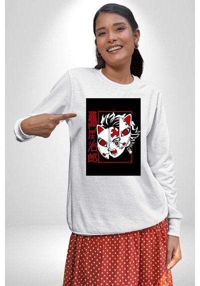 Anime İblis Avcısı Kimetsu No Yaiba Maske Unisex Beyaz Sweatshirt Beyaz