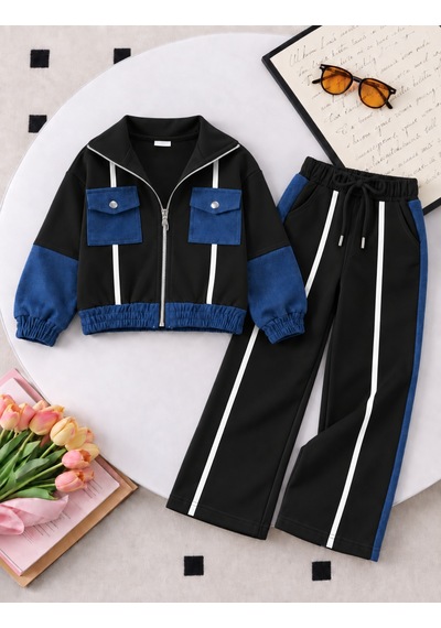 Kokoş Bebe Kot Garnili Şerit Detaylı Kız Çocuk 2 Li Eşofman Takım -5/12 Yaş - 31932 Siyah
