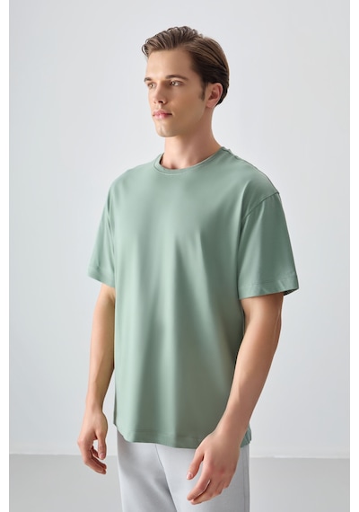 Air Jones Açık Yeşil %100 Pamuk Kalın Yumuşak Dokulu Oversize Fit Basic Erkek T-shirt - 88353 Camel